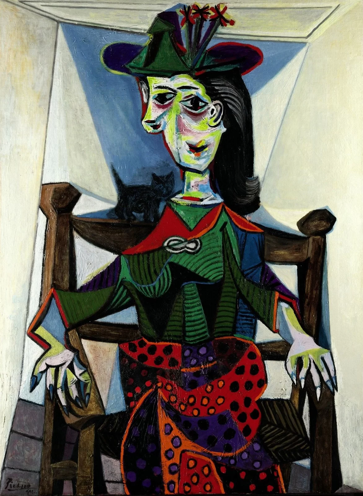 Ilustracja przedstawia dzieło Pabla Picassa „Dora Maar z kotem” o kształcie pionowego prostokąta. Ukazuje ono kobietę siedzącą na krześle z szerokim oparciem, która trzyma ręce na jego poręczach. Po oparciu krzesła spaceruje czarny kot. Sylwetka jest zdeformowana, rozfragmentaryzowana. Głowa kobiety składa się z dwóch elementów, a ciało złożone jest z figur geometrycznych. Tłem są białe, szare i niebieskie figury geometryczne.