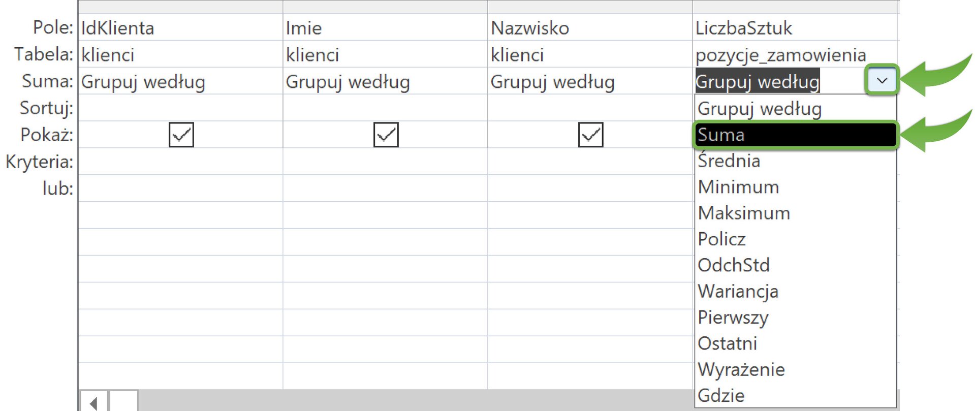 Zrzut ekranu przedstawia projekt kwerendy.  W wierszu Pole wpisano w kolejne pola: IdKlienta, Imie, Nazwisko, LiczbaSztuk.  W wiersz Tabela wpisano w kolejne pola: klienci, klienci, klienci, pozycje_zamowienia.  W wiersz Suma wpisano w kolejne pola: Grupuj według, Grupuj według,  Grupuj według.  W czwartym polu wiersza Suma kliknięto na strzałkę która ukazała listę z opcjami: Grupuj według, Suma, Średnia, Minimum, Maksimum, Policz, OdchStd, Wariacja, Pierwszy, Ostatni, Wyrażenie, Gdzie.  Zielona strzałka wskazuje na opcję Suma. 