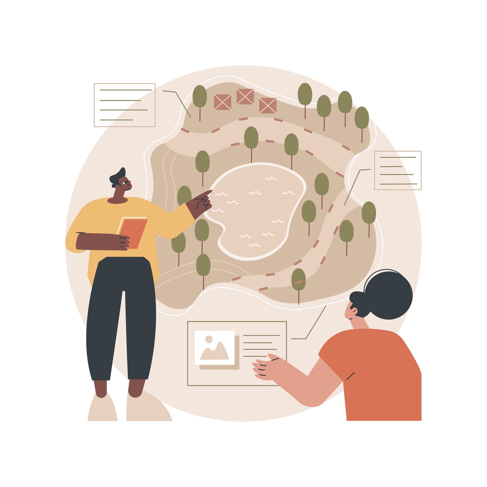 Grafika w stylizowany sposób przedstawia postacie dwóch mężczyzn, którzy oglądają rozplanowanie terenu, na którym widoczne są drzewa, przebieg dróg i oczko wodne. Mężczyzna po lewej stronie wskazuje palcem lewej ręki na oczko wodne, a w prawej trzyma notes. Po prawej i lewej stronie planu oraz na dole widoczne są prostokątne dymki z liniami symbolizującymi tekst. 