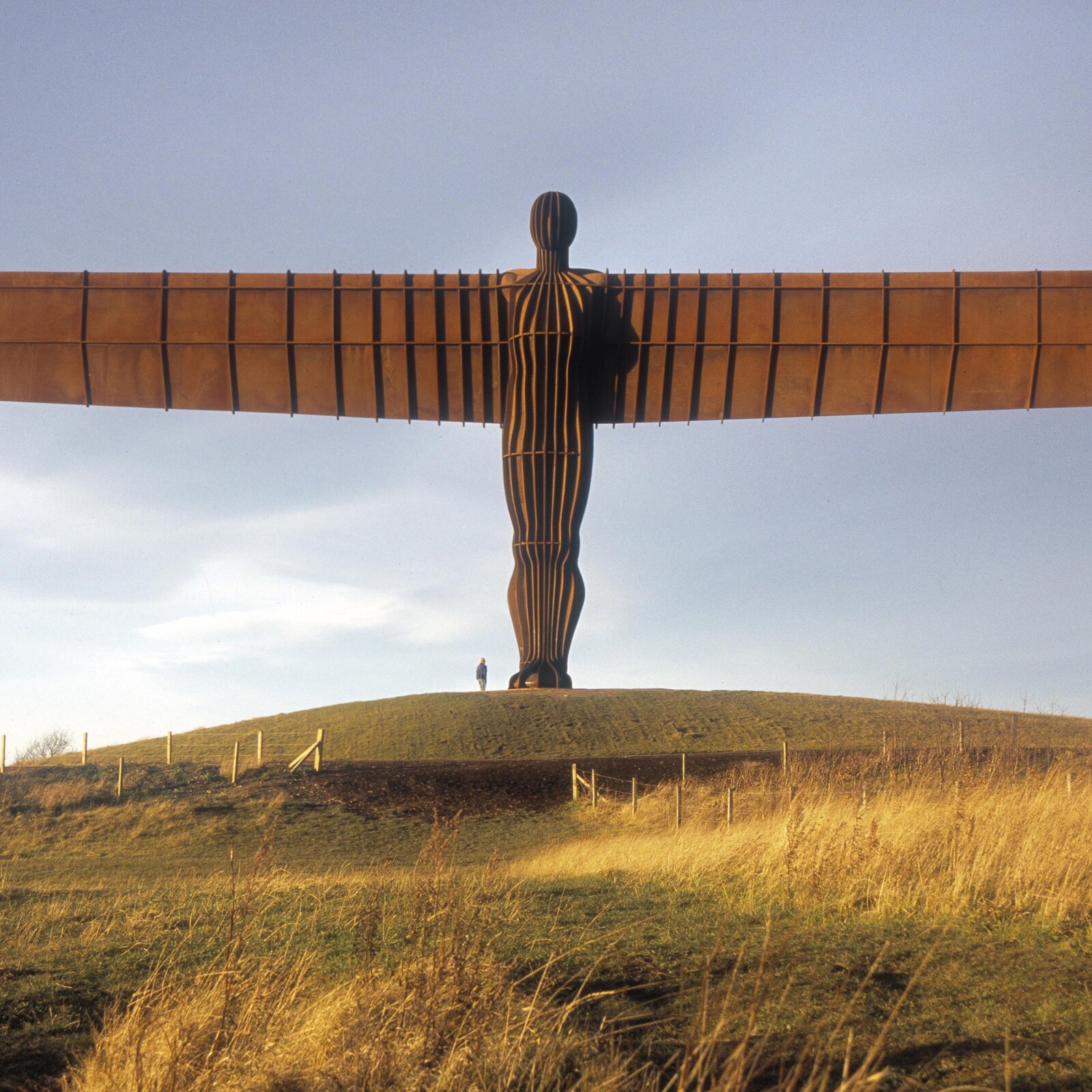 Anthony Gormley, „Anioł Północy” Fotografia przedstawia rzeźbę umieszczoną na szczycie wzgórza Dzieło jest bardzo duże, wykonane z brązowej stali. Swoim kształtem przypomina pozbawioną rąk ludzką postać z szerokimi prostokątnymi elementami przypominającymi skrzydła. Pod rzeźbą stoi człowiek, ledwie widoczny ze względu na jego rozmiary. Z przodu fotografii znajdują się wysokie oraz niskie trawy, oświetlone światłem dziennym. Niebo jest zachmurzone. Fotografia rzeźby została wykonana na tle jasnego nieba.