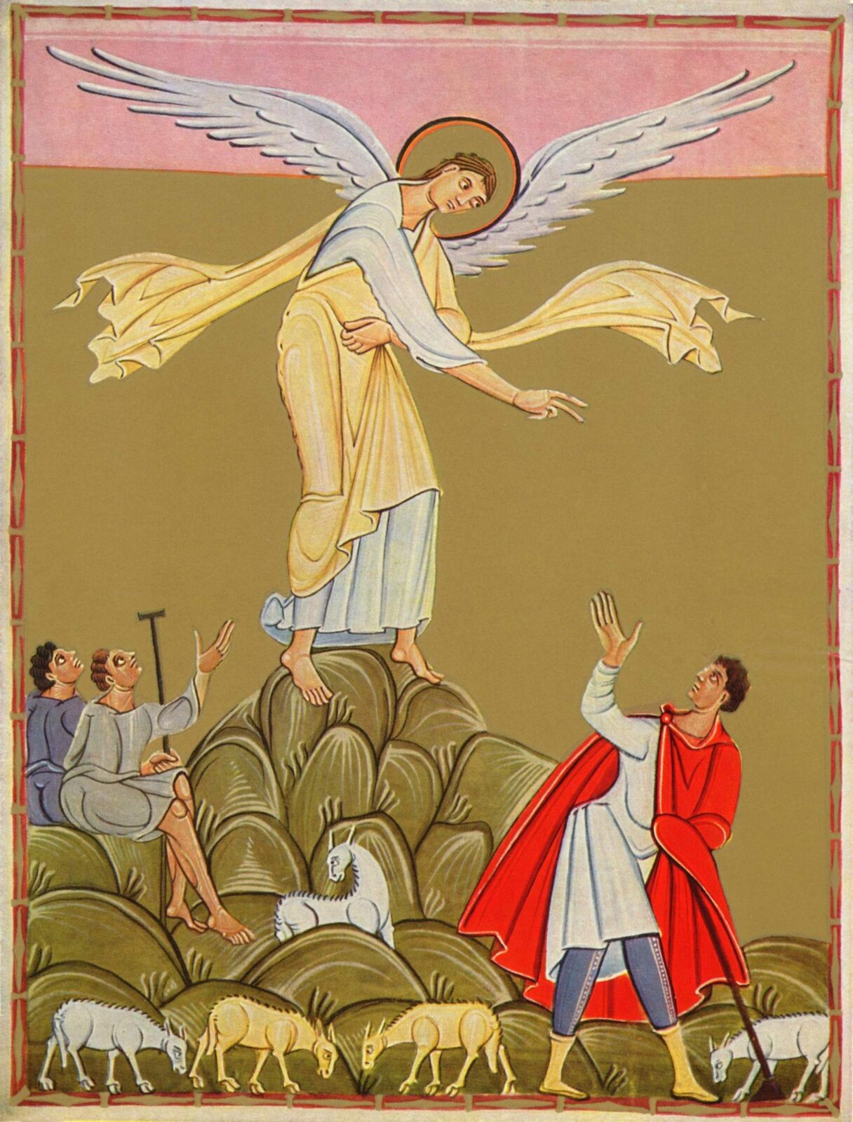  Ilustracja, w której centrum znajduje się anioł w białej szacie, która przewiązana jest beżowym materiałem. Mężczyzna o jasnych włosach stoi na balach siana ułożonych jedna na drugiej i wyciąga dłoń w stronę innego mężczyzny. Mężczyzna, do którego anioł wyciąga dłoń ubrany jest w białą szatę, niebieskie spodnie oraz czerwoną narzutę. W jednej dłoni, która schowana jest pod narzutą, trzyma kij, drugą kieruje w stronę anioła. Jego ciało jest pochylone i odwrócone w prawą stronę. Na pozostałych balach siedzi dwóch mężczyzn. Jeden z nich ubrany jest w długą, białą szatę, drugi zaś odziany jest w szatę koloru niebieskiego. Mężczyźni również patrzą w kierunku anioła. Sami znajdują się z lewej strony dzieła. Pomiędzy balami pasą się białe oraz żółte owce. Tło obrazu jest beżowo‑różowe. 