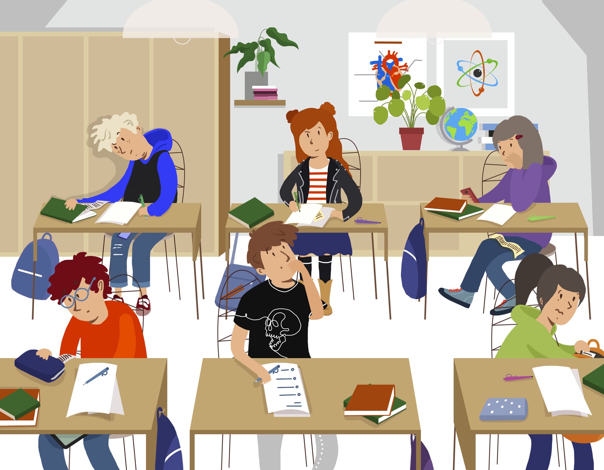 Ilustracja przedstawia klasę szkolną, w której siedzi sześcioro uczniów, zarówno dziewcząt, jak i chłopców. Na ich biurkach znajdują się pomoce dydaktyczne, zeszyty i książki. Uczniowie siedzą w różnych pozycjach.