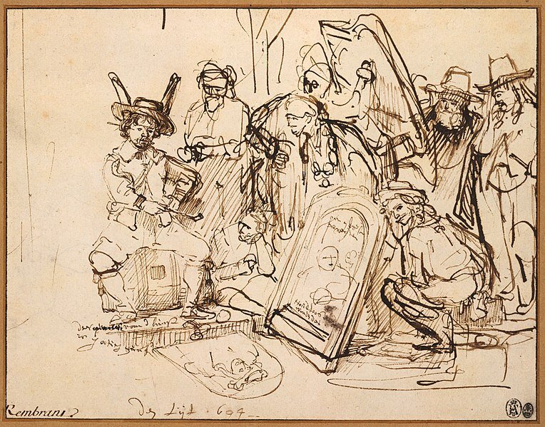 Rysunek wykonany czarnym piórem przedstawia grupę ludzi przyglądających się siedzącemu po lewej stronie człowiekowi o oślich uszach, który ocenia obrazy leżące i stojące przed nim. Na głowie ma kapelusz z rondem, spod którego wyrastają uszy osła. Mężczyzna prawą ręką wskazuje na obraz prezentowany przez człowieka kujcającego za obrazem. Stojący obok mężczyźni, przyglądają się scenie. Jeden z nich niesie kolejny obraz do oceny. Rysunek, to szkic wykonany zamasztytymi pociągnięciami pióra.