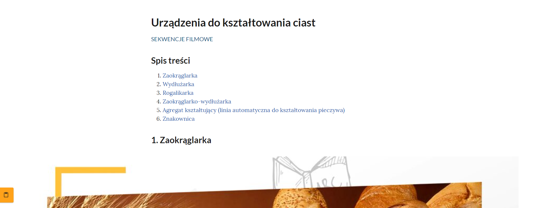 Widok spisu treści sekwencji filmowych ,,Urządzenia do kształtowania ciast''