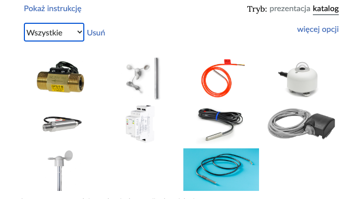 Ilustracja przedstawia przykładowy widok galerii zdjęć. Na podglądzie znajdują się, ułożone obok siebie, miniatury zdjęć przedstawiające rodzaje czujników w systemach energetyki odnawialnej.