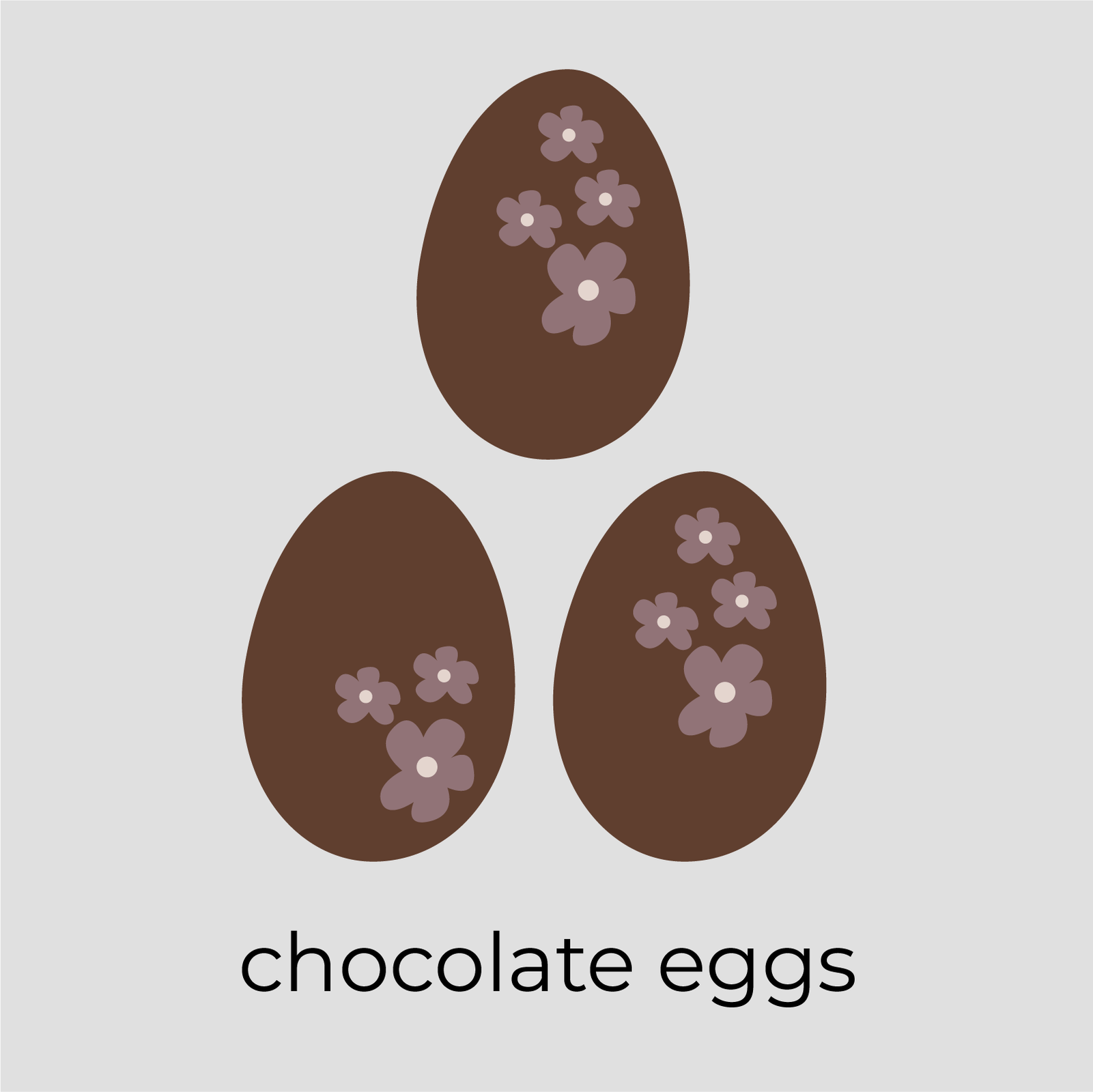 Ilustracja przedstawia trzy czekoladowe jajka, na których widoczny jest wzór kwiatków. Pod jajkami widnieje podpis: chocolate eggs.
