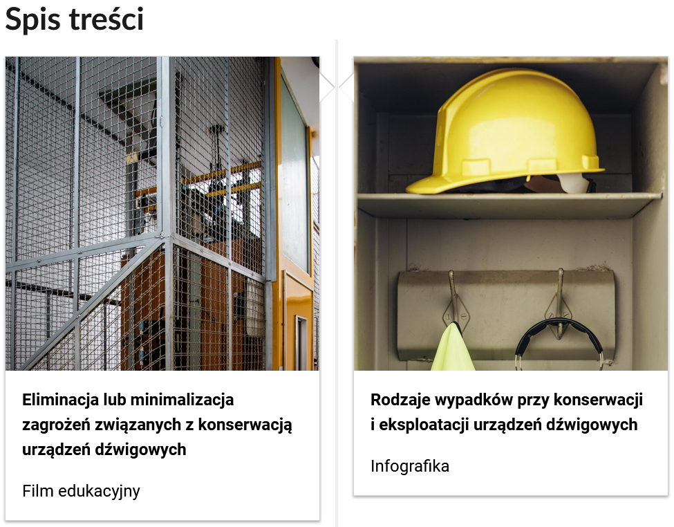 Grafika przedstawia dwa kafelki ze spisu treści. Są umiejscowione obok siebie. Pierwszy od lewej: zdjęcie okładkowe, poniżej napis: Eliminacja lub minimalizacja zagrożeń związanych z konserwacją urządzeń dźwigowych. Niżej napis: film edukacyjny  Drugi: zdjęcie okładkowe, poniżej tytuł. Rodzaje wypadków przy konserwacji i eksploatacji urządzeń dźwigowych. Niżej: Infografika.