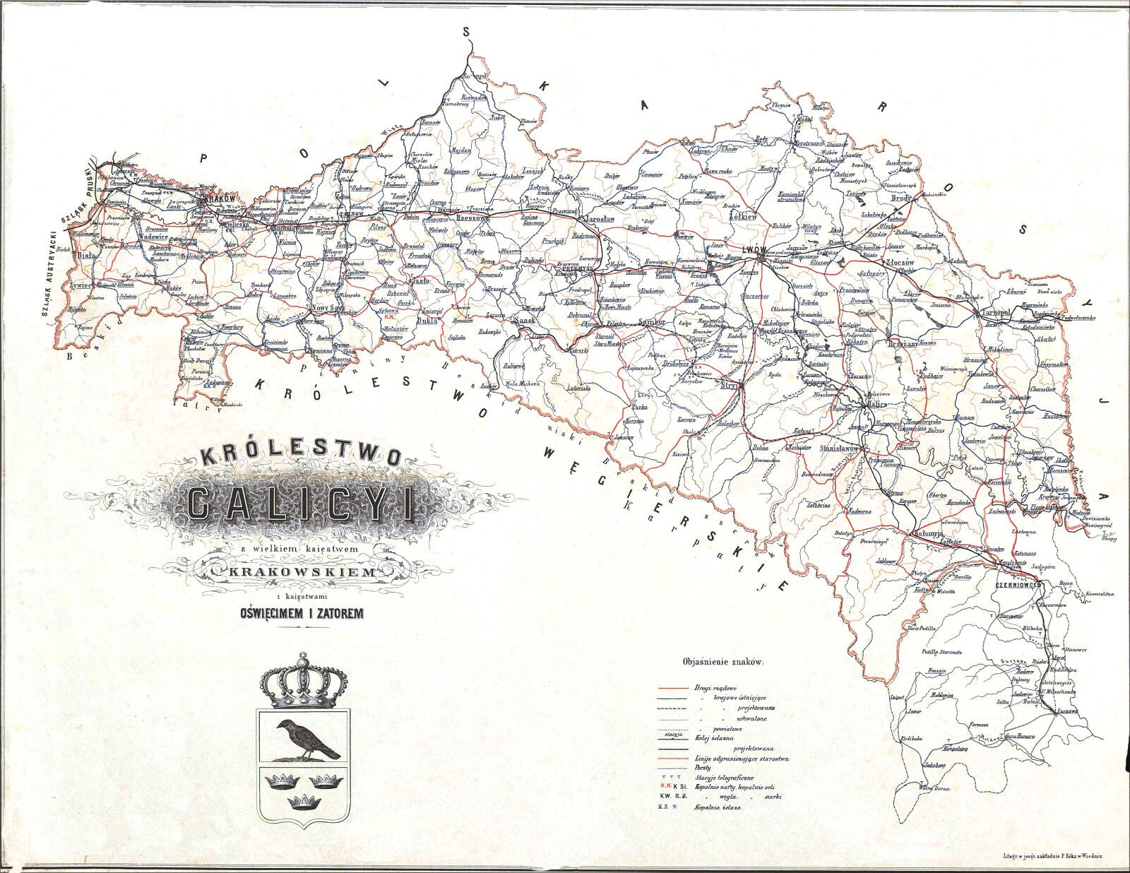 Ilustracja przedstawia mapę Galicji. Wokół państwa ościenne: Polska, Rosja i królestwo Węgierskie. Pod mapą herb w koronie, w środku kruk pod spodem trzy korony. 