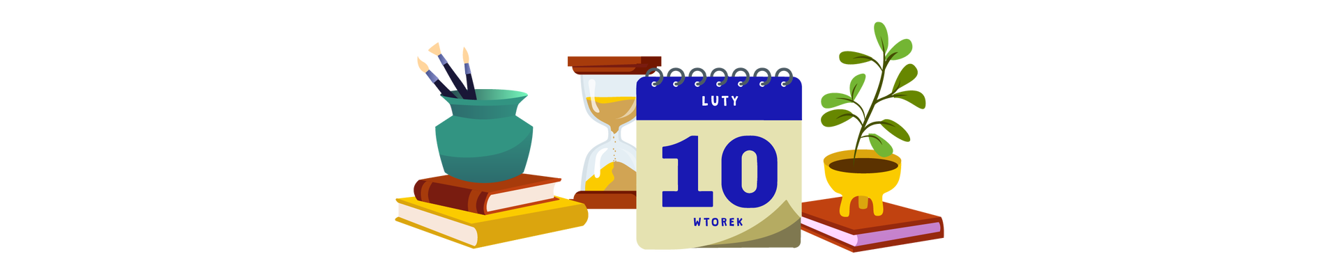 Ilustracja przedstawia beżowo‑granatowy kalendarz biurkowy. Na widocznej kartce znajdują się napisy: „luty”, „dziesiąty”, „wtorek”. Dookoła kalendarza jest kilka przedmiotów. Po lewej stronie są dwie książki ułożone jedna na drugiej. Pierwsza ma brązową okładkę, a druga żółtą. Na książkach ustawiono trzy czarne pędzle w turkusowym pojemniku. Na środku, za kalendarzem, stoi brązowa klepsydra. Po prawej stronie jest książka w brązowej okładce, na której ustawiono zieloną roślinę w żółtej donicy.