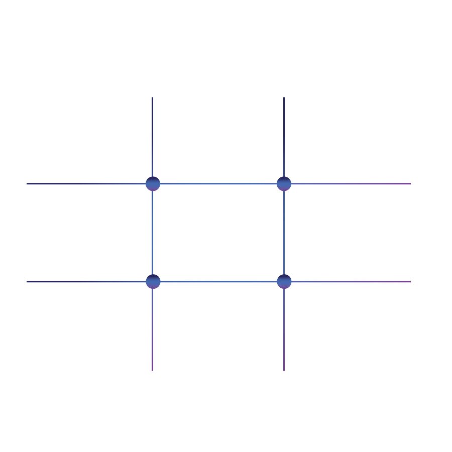 Grafika przedstawia regułę trójpodziału> Widoczne są dwie niebieskie linie poziome i dwie niebieskie linie pionowe, przecinające się i dzielące obszar na 9 pól. W miejscu przecięcia linii widoczne cztery niebieskie kropki.