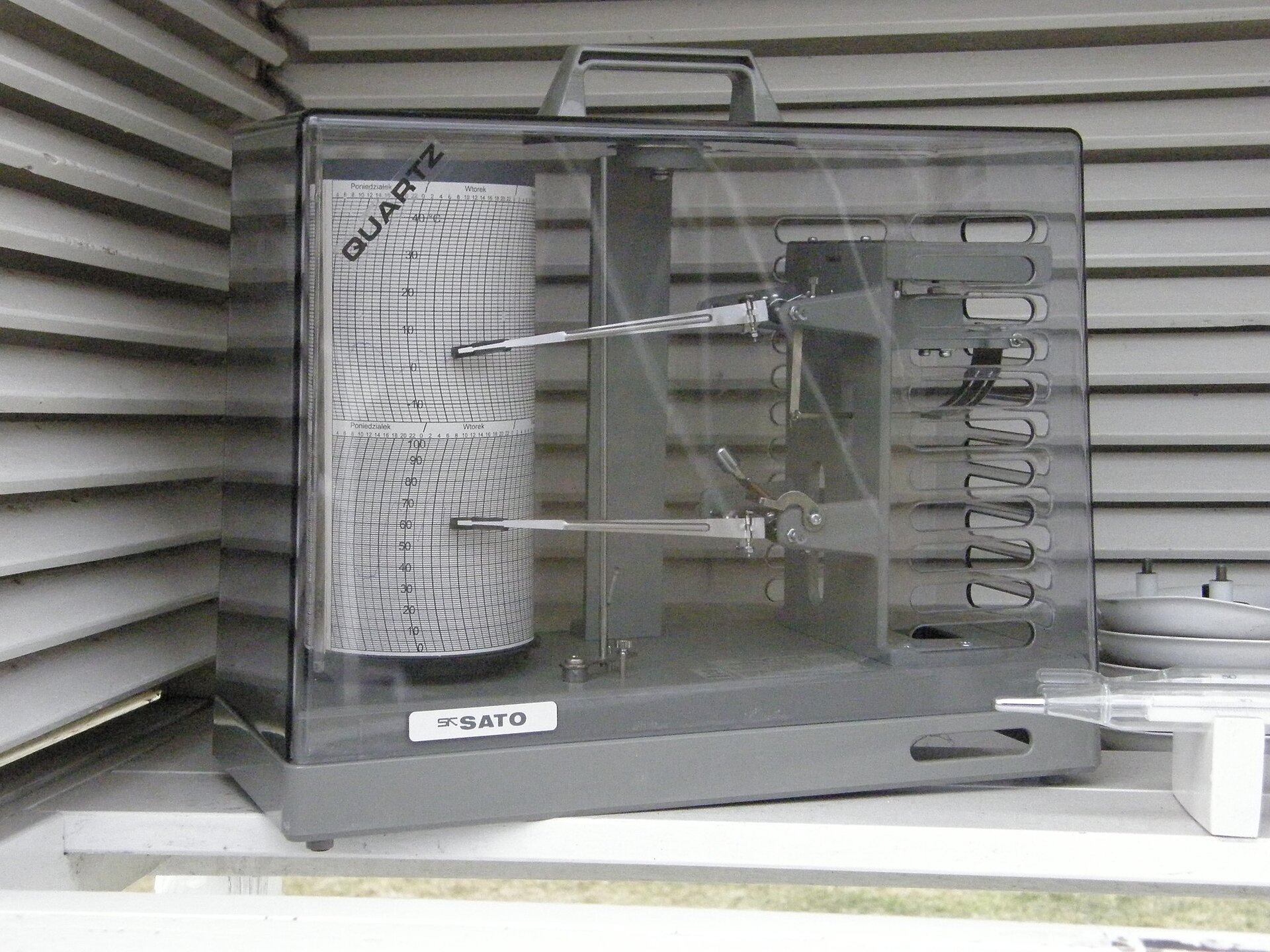 Widoczne jest zdjęcie przedstawiające urządzenie do pomiaru poziomu wilgotności. Przezroczysta obudowa ma kształt  prostopadłościanu. Wewnątrz po lewej stronie widoczny element w kształcie walca na którym znajdują się papierowe paski rejestrujące. Po prawej stronie urządzenia znajduje się moduł mocujący wskazówki, które zakończone są pisakami.