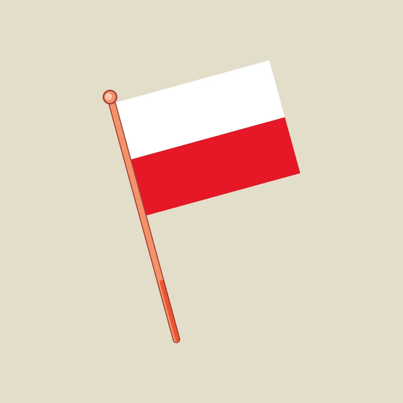 Ilustracja przedstawia flagę Polski na patyku zakończonym kulką. Flaga składa się z dwóch poziomych pasów, białego u góry i czerwonego na dole.