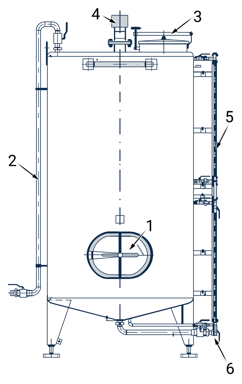 Na zdjęciu przedstawiono czarno‑biały schemat płynowskazu z rurką szklaną. Płynowskaz umożliwia pomiar poziomu cieczy w zbiorniku gdzie jest on sczytywany za pomocą przeźroczystej rurki szklanej lub specjalnej łaty pomiarowej zamontowanej na zbiorniku.Centralnym elementem schematu jest zbiornik o kształcie zbliżonym do podłużnego prostokąta o orientacji poziomej. Dno zbiornika jest w kształcie trójkąta równoramiennego. Wierzchołek trójkąta jest zwrócony w stronę dołu. Od tego wierzchołka odchodzi przyłącze rurowe. Przyłącze skierowane jest w prawą stronę. Na końcu przyłącza znajduje się zawór za którym jest wylot. Element opisany jest cyfrą sześć oznaczającą wylot płynu. Wylot zamykany jest kolejnym zaworem. Do miejsca na wylocie znajdującego się pomiędzy dwoma zaworami biegnie pionowy element o kształcie cienkiego walca. Element opisany jest cyfrą pięć. Jest to płynowskaz. Płynowskaz biegnie równolegle do zbiornika. Dodatkowo płynowskaz połączony jest w różnych wysokościach zbiornika dodatkowymi dziewięcioma przyłączami. W prawej górnej części zbiornika znajduje się element o cienki prostokątny element. W połowie jego długości znajduje się niewielki trójkąt na którego wierzchołku osadzony jest okrągły element Całość jest opisana cyfrą trzy oznaczającą właz górny. W połowie długości górnej krawędzi zbiornika znajduje się pionowy prostokąt. Nad prostokątem umieszczony jest kwadrat. Kwadrat jest wypełniony gradientowym kolorem szarym. Element ten jest opisany cyfrą cztery. Oznacza on króciec pomiarowy. W dolnej części zbiornika widoczny jest element o kształcie poziomego prostokąta z zaokrąglonymi wierzchołkami. W centralnej części elementu znajduje się najprawdopodobniej kurek. Element opisany jest cyfrą jeden oznaczającą właz boczny. Z lewej strony zbiornika biegnie podłużna cienka rurka. Rurka jest równoległa względem zbiornika. Rurka łączy się ze zbiornikiem po lewej stronie górnej części zbiornika. Rurka jest opisany cyfrą dwa oznaczającą wlot płynu. Przed miejscem stanowiącym przyłączenie rurki do zbiornika znajduje się zawór.