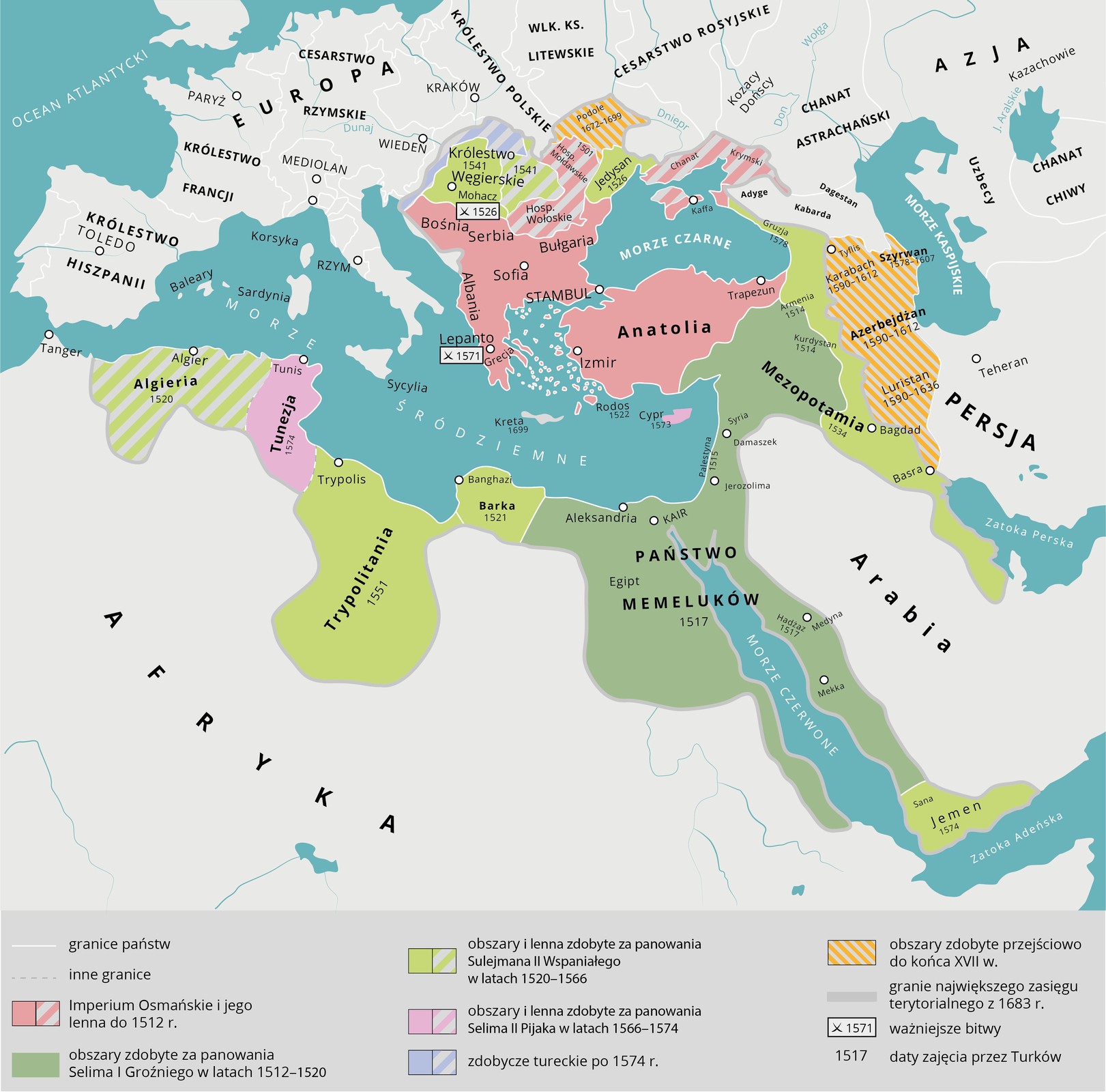 Mapa przedstawia Zdobycze terytorialne Imperium Osmańskiego. Teren Imperium Osmańskiego i jego lenna do 1512 roku: Bułgarii, Macedonii, Serbii, Bośni i Hercegowiny, Chorwacji, Albanii, Grecji, Turcji. Obszary zdobyte za panowania Selima I Groźnego w latach 1512- 1520 : Egipt, Arabia Saudyjska, Jordania, Izrael, Syria, nieznaczna część Turcji. Obszary i lenna zdobyte za panowania Sulejmana II Wspaniałego w latach 1520- 1566 : Węgry, część Ukrainy pomiędzy wybrzeżem Morza Czarnego a Mołdawią. Obszary i lenna zdobyte za panowania Selima II Pijaka w latach 1566- 1574 dzisiejsza Tunezja. Zdobycze  tureckie po 1574 roku rozciągały się przez Słowenię, Węgry, Chorwację. Obszary zdobyte przejściowo do końca XVII wieku : Gruzja, Azerbejdżan, Północny Iran. Ważniejsze bitwy: 1526 Mohacz, 1571 Lepanto. Daty zajęcia przez Turków: Jemen 1574, Hadżaz 1517, Barka 1521, Trypolitania 1551,Tunezja 1574, Algieria 1520, Egipt 1517, Palestyna 1515, Mezopotamia 1534, Kurdystan 1514, Armenia 1514, Luristan 1590- 1636, Azerbejdżan 1590- 1612, Karabach 1590- 1612, Szyrwan 1578- 1607, Cypr 1573, Rodos 1522, Gruzja 1578, Podole 1672- 1699, Jedysan 1526, Królestwo Węgierskie 1541, 