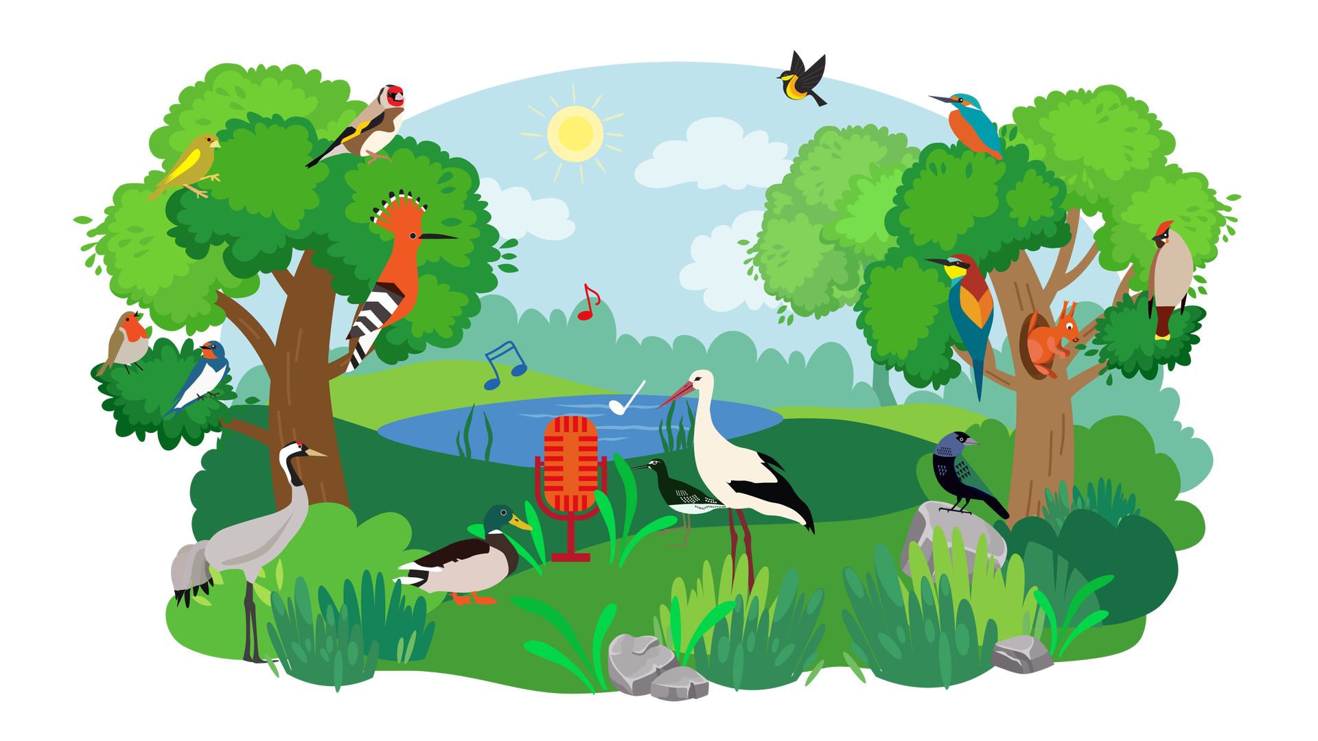 Ilustracja przedstawia rozległy pagórkowaty teren porośnięty zielenią. W tle widać błękitne niebo ze słońcem i jasnymi chmurami oraz zarys lasu. Nieco bliżej znajduje się niewielki zbiornik wodny. Na pierwszym planie rosną kępki traw i pojedyncze niskie krzewy. W kilku miejscach leżą pojedyncze szare kamienie. Po lewej stronie stoi wysokie drzewo liściaste. Siedzi na nim pięć ptaków. Pierwszy z nich ma żółto‑zielone upierzenie. To dzwoniec. Drugi ma biały brzuszek, żółto‑czarne skrzydła, czerwone upierzenie na głowie i brązowe na grzbiecie oraz pod skrzydłami. To szczygieł. Trzeci jest pomarańczowy i ma czarno‑białe skrzydła oraz czerwony czubek. To dudek. Czwarty ma czerwone upierzenie na szyi, jasnobrązowe na brzuchu i brązowe na grzbiecie i skrzydłach. To rudzik. Piąty ma czerwone upierzenie z przodu głowy, białe na brzuchu i granatowe na grzbiecie i skrzydłach. To jaskółka dymówka. Po prawej stronie ilustracji stoi drugie wysokie drzewo liściaste. Z dziupli w pniu wychyla się ruda wiewiórka. Na gałęziach siedzą trzy ptaki. Pierwszy z nich ma turkusowe upierzenie na grzbiecie i głowie oraz pomarańczowe na brzuchu. To zimorodek. Drugi ma czerwone upierzenie na głowie, pomarańczowe na grzbiecie, turkusowe na skrzydłach i żółte na szyi. To żołna. Trzeci ma czerwony czubek na głowie, jasnobrązowe upierzenie na brzuchu oraz brązowe na skrzydłach i grzbiecie. To dziwonia. Nad drzewem leci kolejny ptak. Ma czarno‑żółte upierzenie. To wilga. Na środku ilustracji, na trawie, stoi czerwony mikrofon, a nad nim unoszą się kolorowe nutki – niebieska, czerwona i biała. Dookoła mikrofonu znajduje się pięć ptaków. Jeden z nich jest na kamieniu. Pierwszy ptak, stojący pod lewym drzewem, ma czarno‑czerwono‑białe upierzenie na głowie i szare na grzbiecie, brzuchu oraz skrzydłach. To żuraw. Drugi ptak ma zielone upierzenie na głowie, beżowe na brzuchu i ciemnobrązowe na skrzydłach i grzbiecie. To samiec kaczki krzyżówki. Trzeci jest czarno‑biały. To drozd japoński. Czwarty jest biały, ma czarne skrzydła, czerwony dziób i czerwone nogi. To bocian biały. Piąty ma ciemnoszare upierzenie. To kawka.