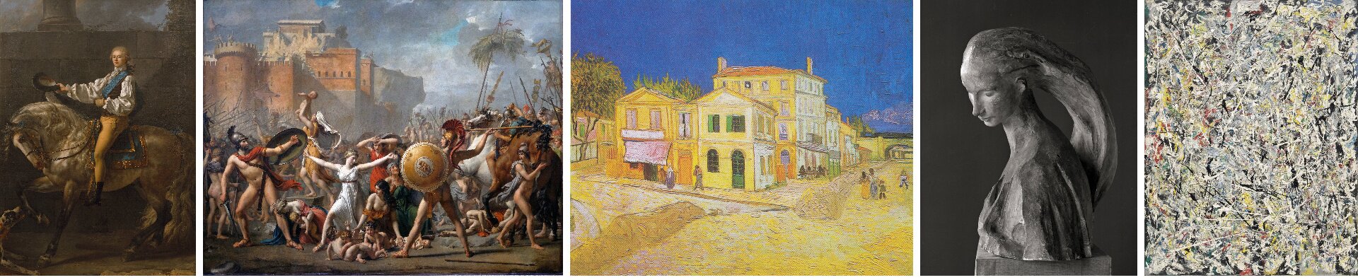 Ilustracja do ćwiczenia nr 6 składająca się z kolażu pięciu dzieł sztuki. Od lewej: Obraz autorstwa Jacquesa Louisa Davida pod tytułem „Napoleon przekraczający Przełęcz Świętego Bernarda w 1800 roku” przedstawia Napoleona Bonaparte wjeżdżającego konno na stromy szczyt. Bonaparte został przedstawiony jako młody mężczyzna o krótkich ciemnych włosach, ubrany w niebiesko‑złote szaty Bonaparte jedną dłonią trzyma lejce, drugą ma uniesioną do góry i pokazuje w kierunku gór. Koń Napoleona jest białej maści i sprawia wrażenie przerażonego. Drugie dzieło to obraz autorstwa Jacquesa Louisa Davida pod tytułem „Porwanie Sabinek” przedstawia scenę ataku obcych wojsk na miasto. Łupem okazują się bezbronne kobiety oraz ich dzieci. Nadzy mężczyźni atakują i porywają kobiety. Na pierwszym planie znajduje się młoda, blond włosa kobieta zasłaniająca piersiami kobiety oraz mężczyzn. Na drugim planie widoczna jest scena, w której to kobieta wykorzystuje swoje małe dziecko jako tarczę. Trzecie dzieło to obraz autorstwa Vincenta van Gogha pod tytułem „Żółty dom” przedstawia ulicę w bliżej nieokreślonym mieście, przy której stoją domy z żółtą elewacją. Oprócz domów, żółte są także drogi oraz chodniki, a także częściowo liście na drzewach. Po żółtych ulicach spacerują ludzie. Czwarte dzieło to rzeźba autorstwa Xawerego Dunikowskiego pod tytułem „Madonna” przedstawia popiersie młodej kobiety o bardzo długich włosach zaczesanych na plecy. Kobieta ma wysokie czoło oraz długi nos. Spogląda się z neutralnym wyrazem twarz w ziemię. Popiersie stoi na kamiennym podeście. Piąte i ostatnie dzieło to obraz Jacksona Pollocka pod tytułem „Białe światło” przedstawia abstrakcyjną pracę, na której losowo kładziono farbę na płótno. Na obrazie znajduje się duża liczba kolorów, między innymi: żółty, biały, szary, zielony, czerwony.