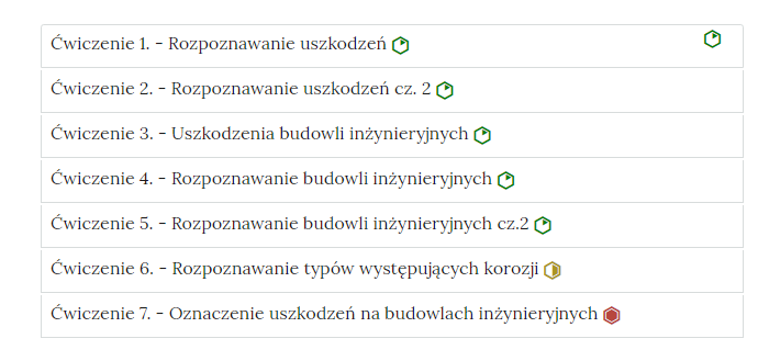 Grafika przedstawia wygląd zakładek z ćwiczeniami. Zakładki są poziomymi paskami. Każda posiada numer ćwiczenia i tytuł, który wskazuje, czego dotyczą zamieszczone w zakładce ćwiczenia. Przykład tekstu na pasku zakładki. Ćwiczenie 1 myślnik Rozpoznawanie uszkodzeń