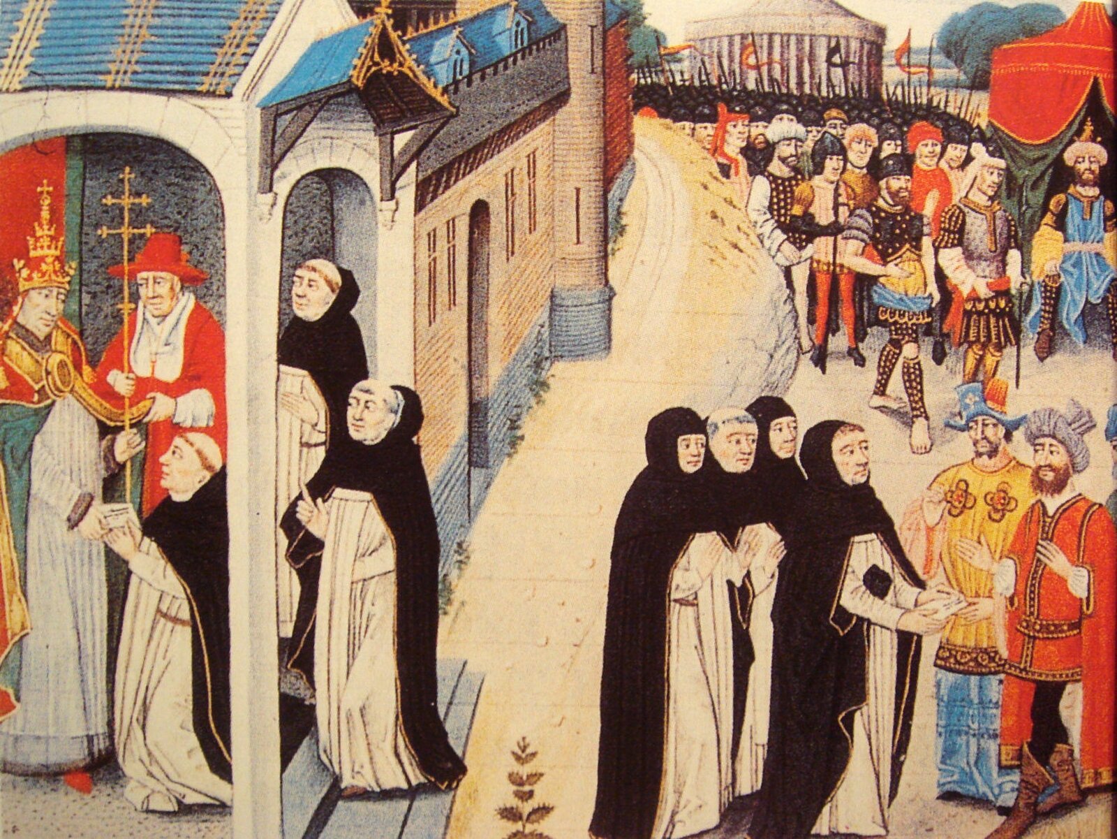 Ilustracja przedstawia średniowieczny obraz. Na nim mnisi w czarno białych szatach, stojący przy cesarzu, w tle rycerze ubrani w różnokolorowe zbroje, dookoła mury zamku. 
