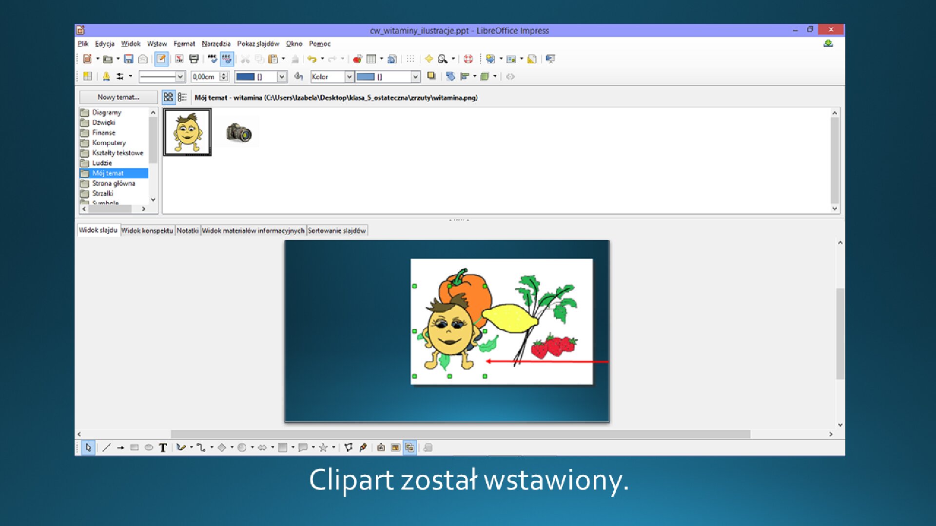 Zrzut okna z wstawiania clipartu na slajd o pustym układzie w programie LibreOffice Impress. Poniżej treść: "Clipart został wstawiony".