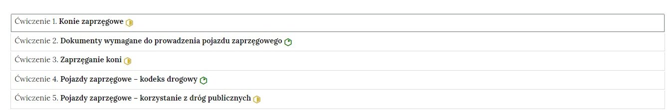 Grafika przedstawia przykładowy widok ogólny harmonii z pięcioma interaktywnymi materiałami sprawdzającymi. Jest to kolumna z pięcioma wierszami. Wewnątrz każdego z nich został umieszczony numer ćwiczenia wraz z nazwą działu, którego dotyczy. Z boku dodatkowo znajduje się ikonka w kształcie sześciokąta oznaczająca poziom trudności. Zielona oznacza łatwy, żółta średni, a czerwona trudny. Po kliknięciu danego wiersza ukazuje się wybrane ćwiczenie.