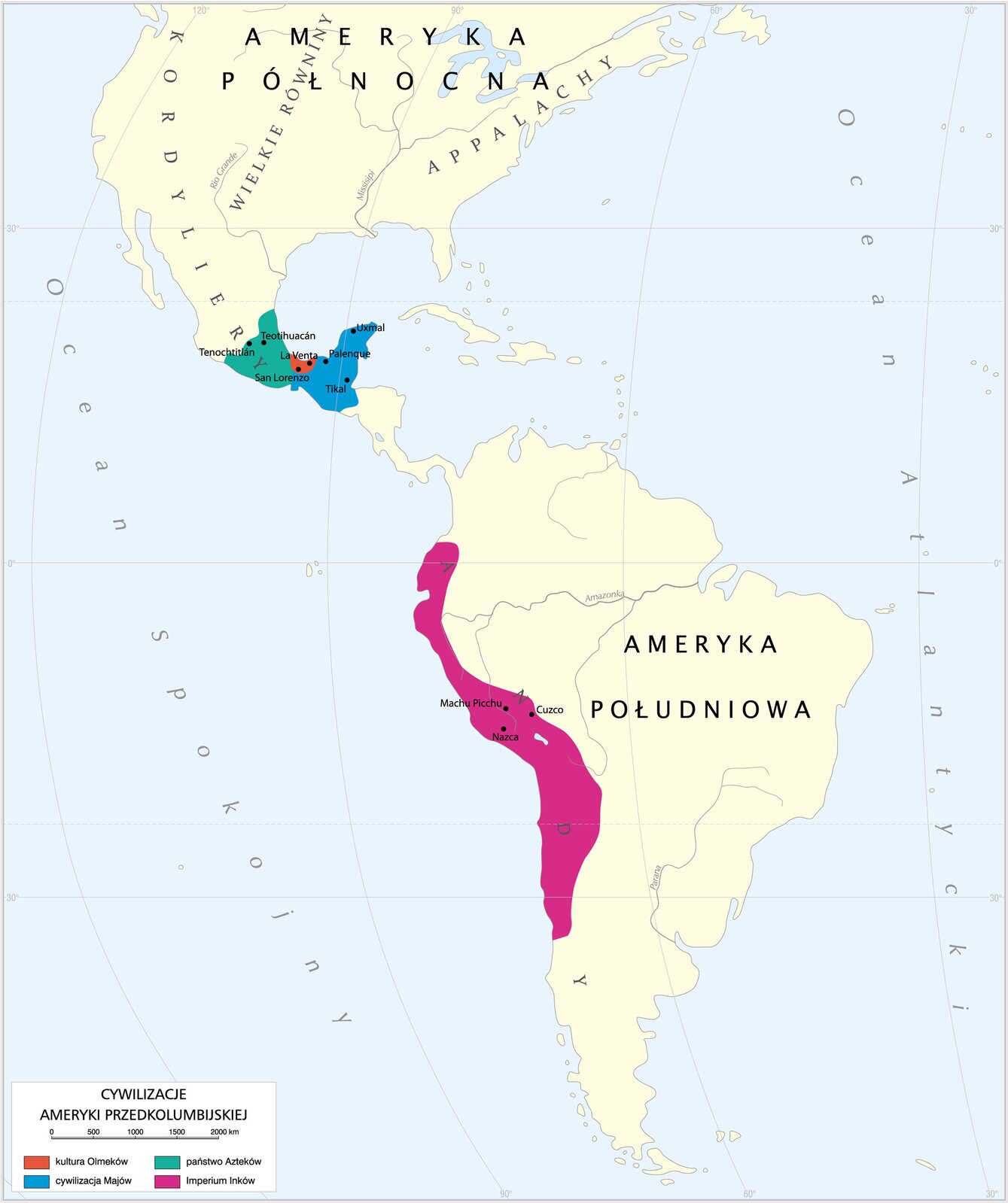 Grafika mapy przedstawiającej amerykańskie cywilizacje prekolumbijskie. Kolorem różowym wyraźnie oznaczone Imperium Inków.
