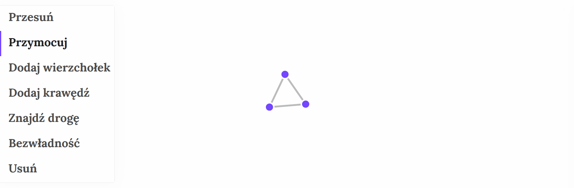 Animacja prezentuje właściwości opcji: Przymocuj.  Po najechaniu myszką i przytrzymaniu węzła możemy przymocować węzeł do danego miejsca.