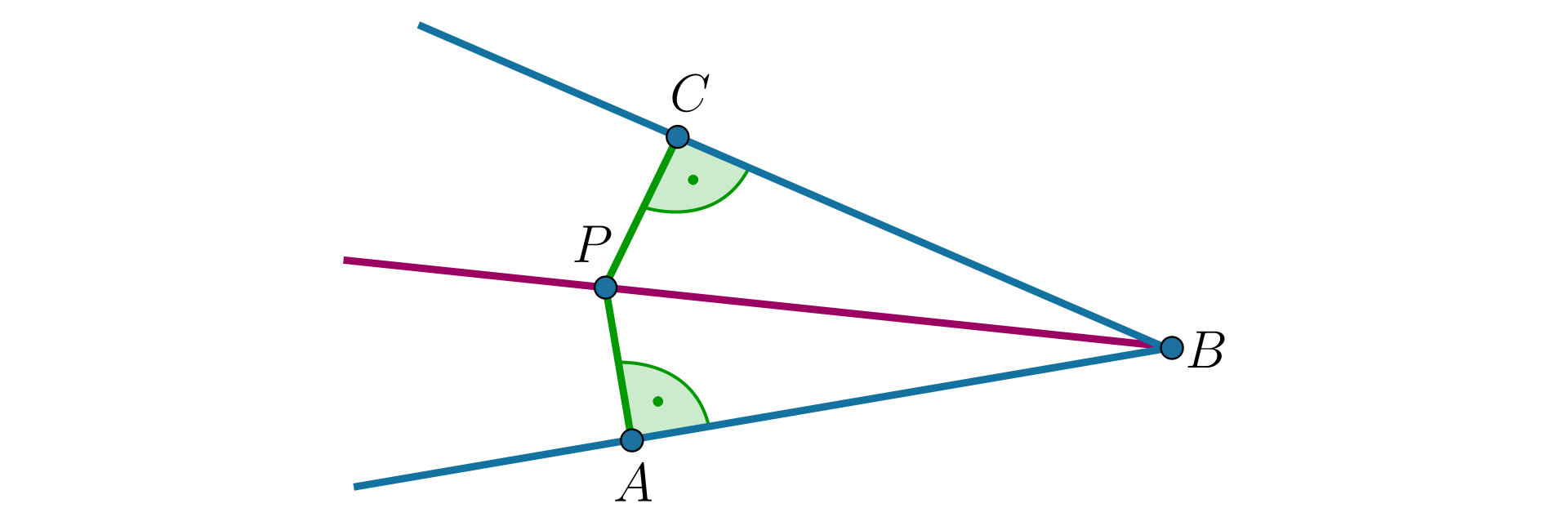 Na ilustracji przedstawiono kąt ostry A B C. Zaznaczono jego dwusieczną, przechodzącą przez punkt P. Zaznaczono także kąty proste B C P oraz B A P.
