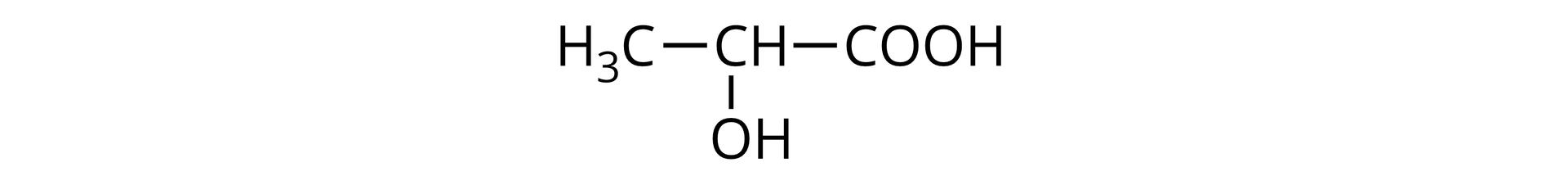 Ilustracja przedstawia wzór kwasu 2-hydroksypropanowego. Do atomu węgla przyłączone są poprzez wiązania pojedyncze: grupa hydroksylowa, karboksylowa, metylowa i atom wodoru.
