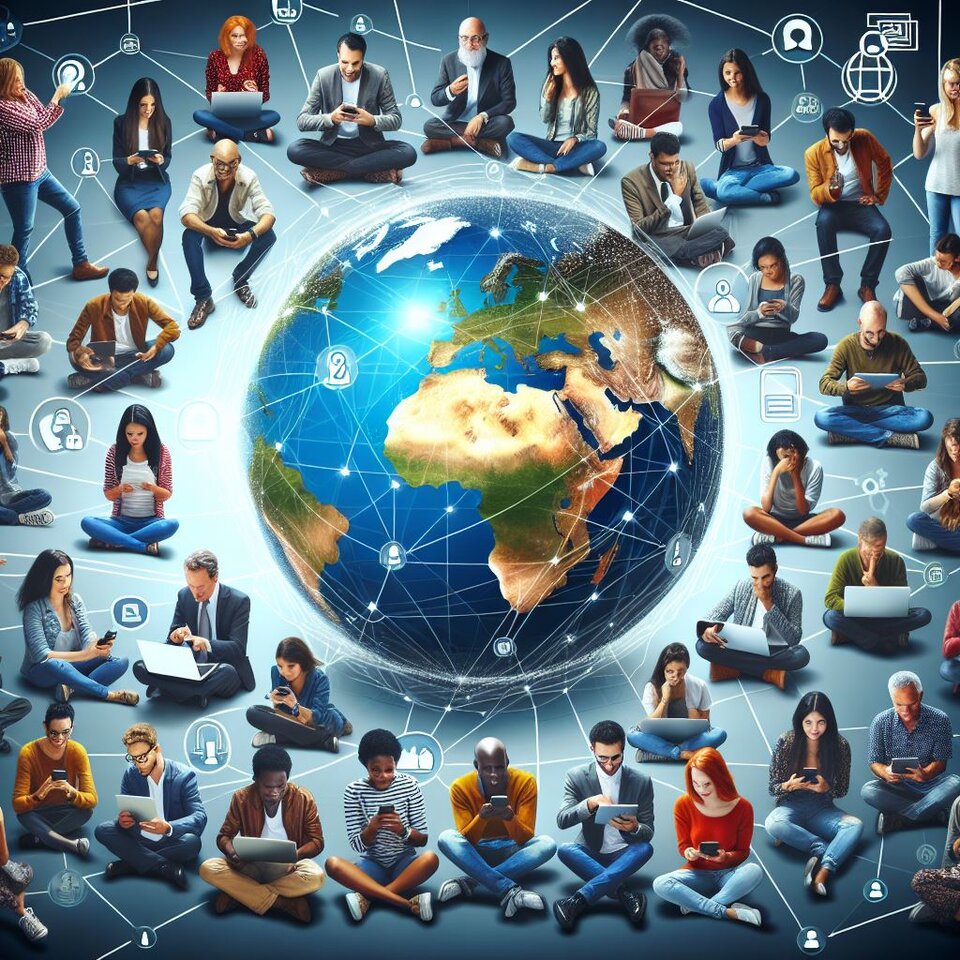 Na załączonym obrazie widoczna jest duża grupa osób, siedzących wokół trójwymiarowego globu Ziemi. Ludzie reprezentują różnorodność wiekową i etniczną, skupieni są wokół cyfrowych urządzeń – trzymają w rękach laptopy, tablety oraz smartfony. W tle rysujące się linie, ikony oraz połączenia symbolizują globalną sieć i komunikację cyfrową, podkreślając powiązania między ludźmi na całym świecie. Centralnym elementem ilustracji jest ziemski glob, z wyraźnie zaznaczonym kontynentem Europy i Afryki, otoczony świetlistymi liniami symbolizującymi przepływ informacji i nowoczesne technologie łączące ludzi niezależnie od miejsca zamieszkania.