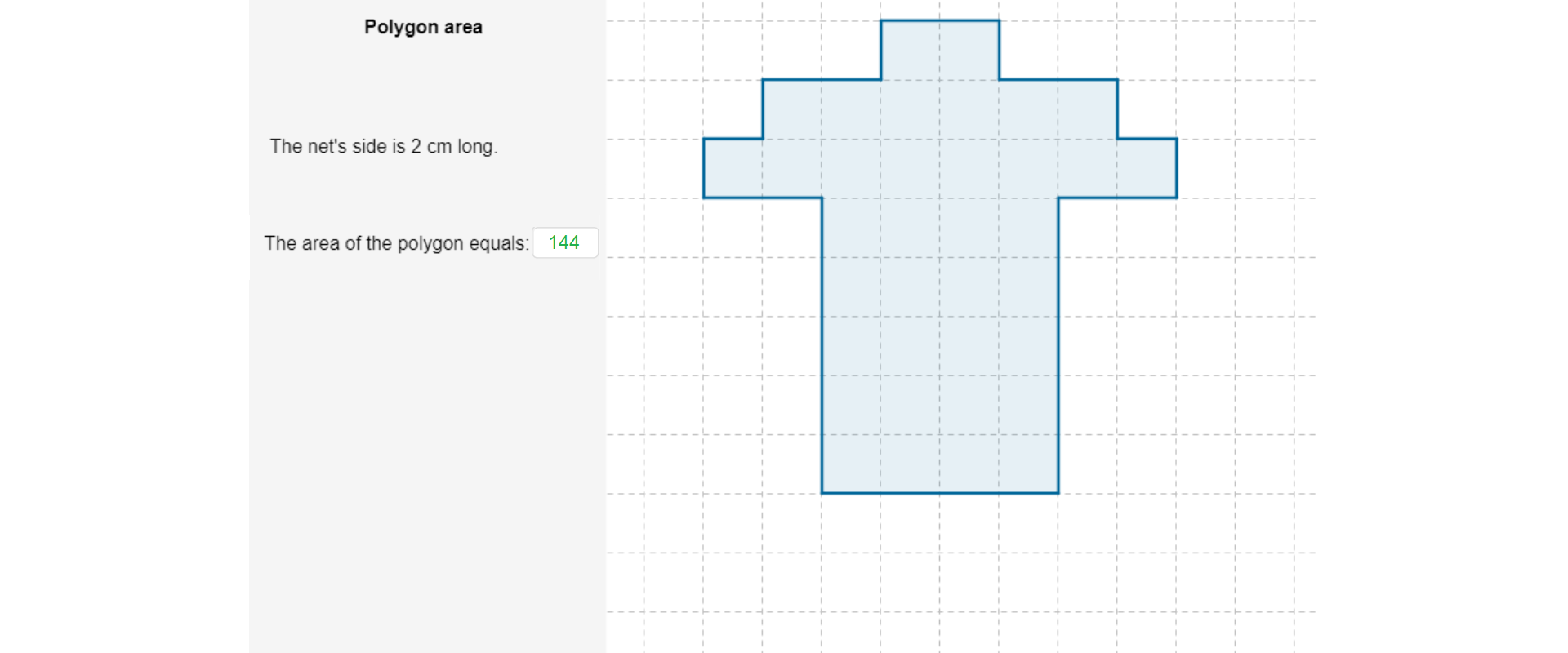 W prawej części ilustracji, na kratownicy, narysowany jest trzynastokąt. Wszystkie boki wielokąta narysowane są wzdłuż linii kratownicy. Wewnątrz wielokąta znajduje się trzydzieści sześć przystających kwadratów o boku długości jednostce kratownicy. W lewej części umieszczone są napisy: Polygon area, The net's side is 2 cm long. The area of the polygon equals: 144.