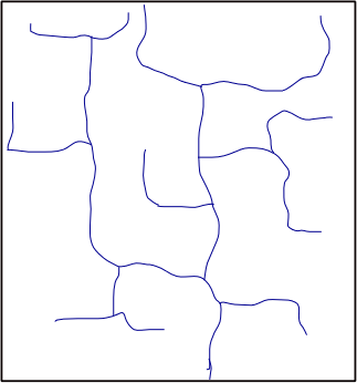 Ilustracja przedstawia układ regularny sieci rzecznej. Rzeka bierze początek na dole mapy, biegnie w górę, odchodzą od niej odnogi, które są ułożone względem siebie niemal pod kątem prostym. Od nich odchodzą kolejne, tak samo ułożone odnogi. 