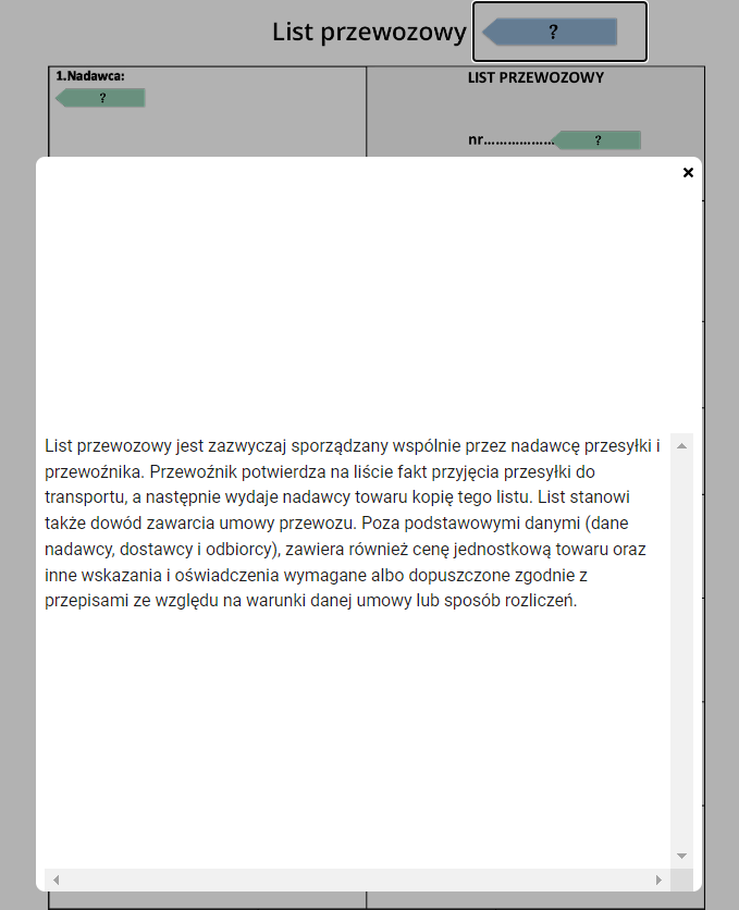 Grafika przedstawia fragment przykładowej dokumentacji z wyświetlonym ekranem z podpowiedzią. Pojawia się on po kliknięciu na dowolnie wybraną kolorową zakładkę. Jest to białe pole, na którym umieszczona została wskazówka dotycząca danego zagadnienia – w tym przypadku listu przewozowego.