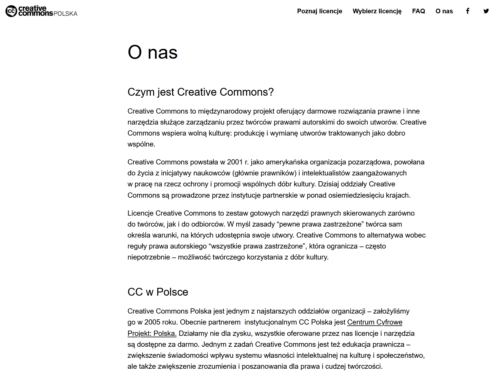 Zrzut okna strony internetowej https://creativecommons.pl/o‑nas/. Na stronie znajduje się opis czym jest Creative Commons. 