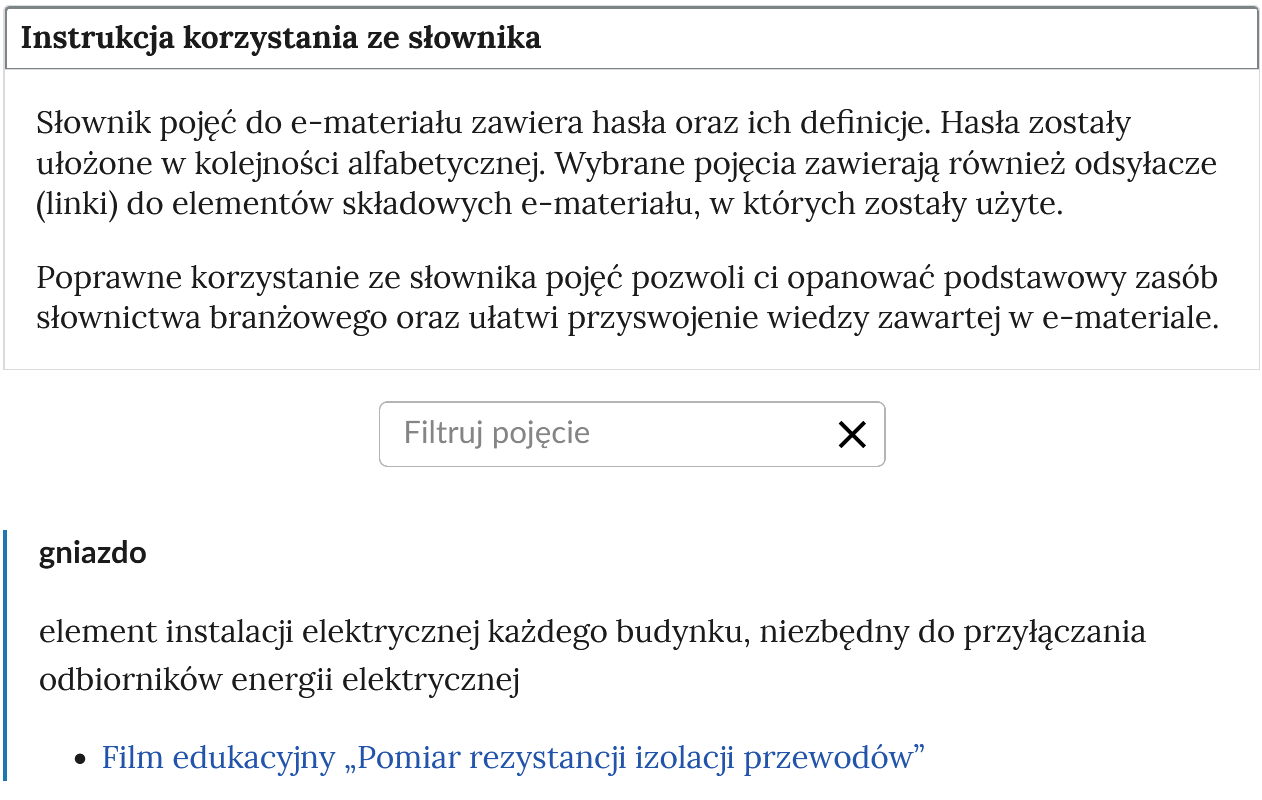 Grafika przedstawia widok na górną część słownika. Na górze znajduje się otwarty panel z instrukcją. Niżej widoczny jest panel wyszukiwania haseł ze znakiem zamknięcia iks. Poniżej treść znajduje się hasło wraz z definicją.