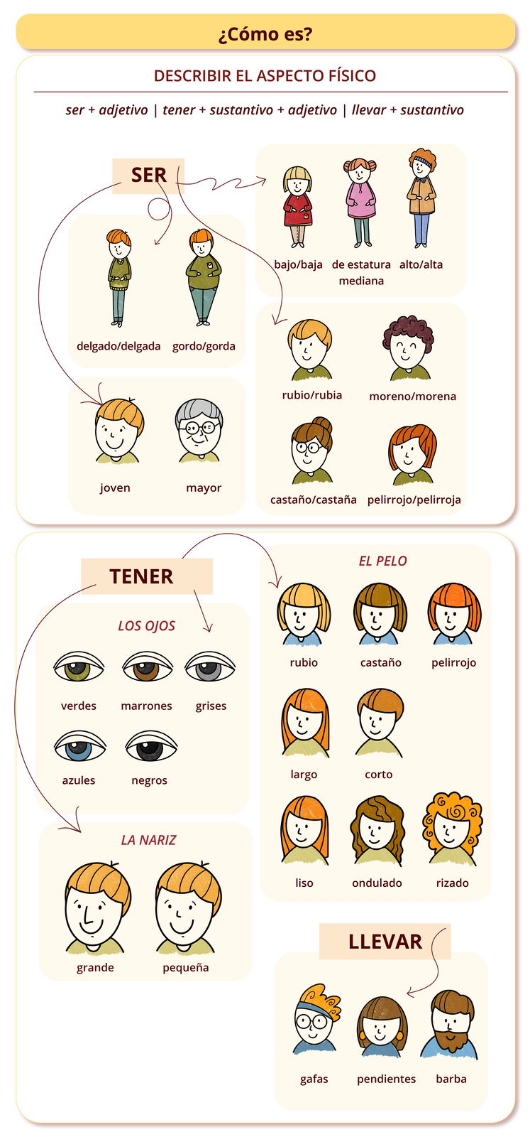 Grafika zatytułowana ¿Cómo es? przedstawia opisy wyglądu fizycznego. Poniżej tytułu znajduje się zapis: DESCRIBIR EL ASPECTO FÍSICO ser + adjetivo | tener + sustantivo + adjetivo | llevar + sustantivo. Poniżej znajdują się dwie ramki. W pierwszej ramce wyszczególniono słowo SER, od którego odchodzą strzałki do wszystkich grafik z podpisami: osoba szczupła - delgdo/delgada, osoba grubsza gotdo/gorda, osoba niższa bajo/baja, osoba średniego wzrostu de estatura mediana, osoba wyższa alto/alta, włosy jasne rubio/rubia, włosy ciemne moreno/morena, włosy brązowe castaño/castaña, włosy rude pelirrojo/pelirroja, młody człowiek joven, starsza pani mayor. W drugiej ramce wyszczególniono słowo TENER, od którego odchodzą strzałki do wszystkich grafik z podpisami: LOS OJOS: zielone oko verdes, brązowe oko marrones, szare oko grises, niebieskie oko azules, czarne oko negros; EL PELO: jasne włosy rubio, brązowe włosy castaño, rude włosy pelirrojo, długie włosy largo, krótkie włosy corto, proste włosy lido, falowane włosy ondulado, kręcone włosy rizado; LA NARIZ: duży nos grande, mały nos pequeña; LLEVAR: osoba w okularach gafas, pani nosząca kolczyki pendientes, pan z brodą barba.