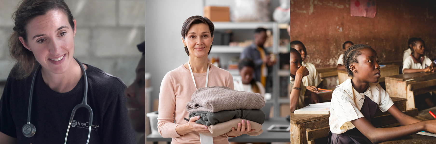 Ilustracja składa się z trzech zdjęć. Na pierwszym od lewej widoczna kobieta ze stetoskopem na szyi, na drugim kobieta niosąca trzy złożone w kostkę koce, na ostatnim widoczna klasa szkolna, gdzie przy starych, drewnianych biurkach siedzą uczniowie o ciemnej karnacji. 