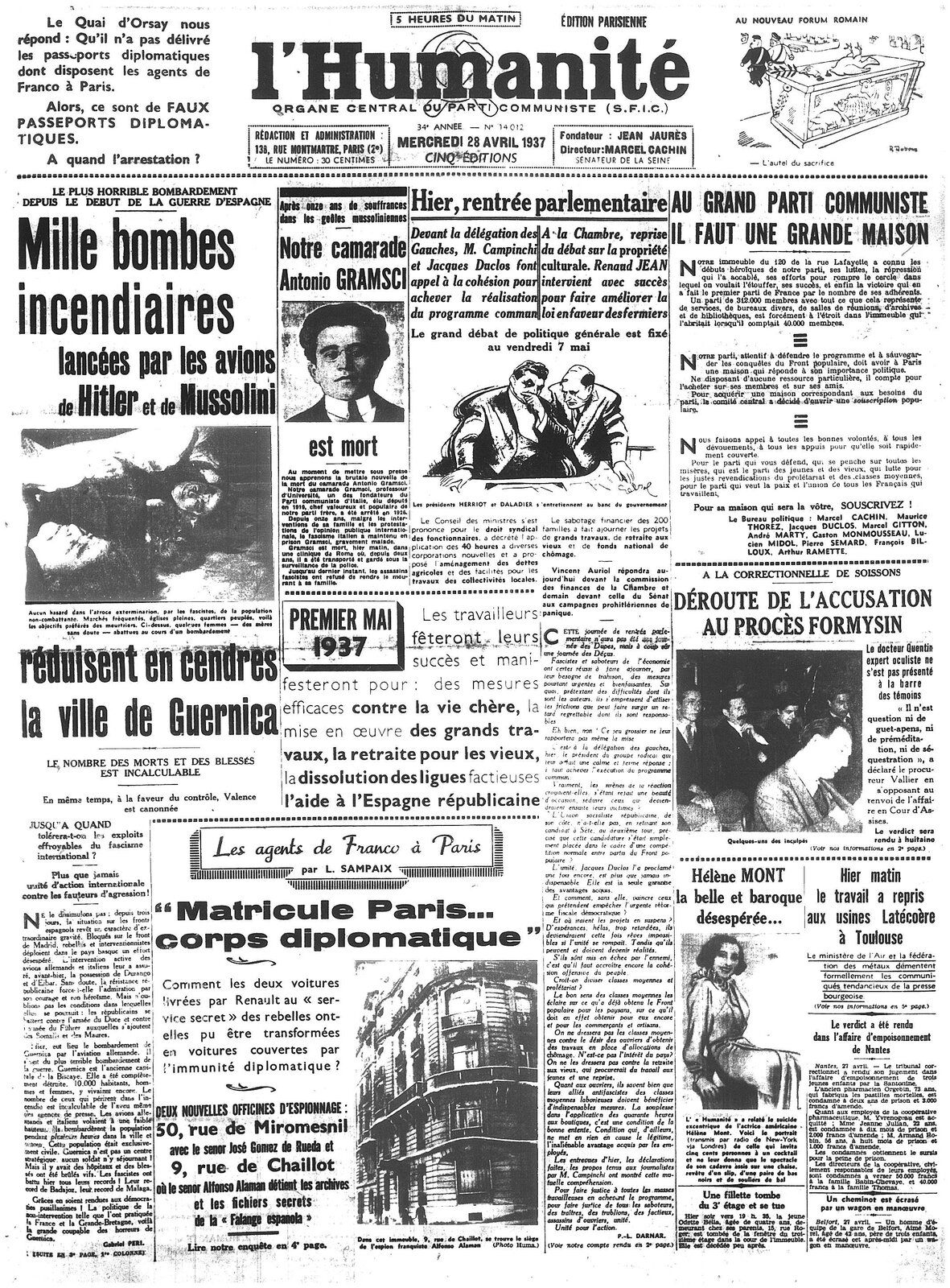 Ilustracja o kształcie pionowego prostokąta przedstawia pierwszą stronę czasopisma „L'Humanite” z 28 kwietnia 1937 roku, na której znalazła się informacja o wydarzeniu i  zdjęcie zabitych w bombardowaniu i tytuł nagłówka: Tysiąc bomb zapalających zrzuconych przez samoloty Hitlera i Mussoliniego zamieniają w popiół miasto Guernica. Karta gazety jest czarno-biała.