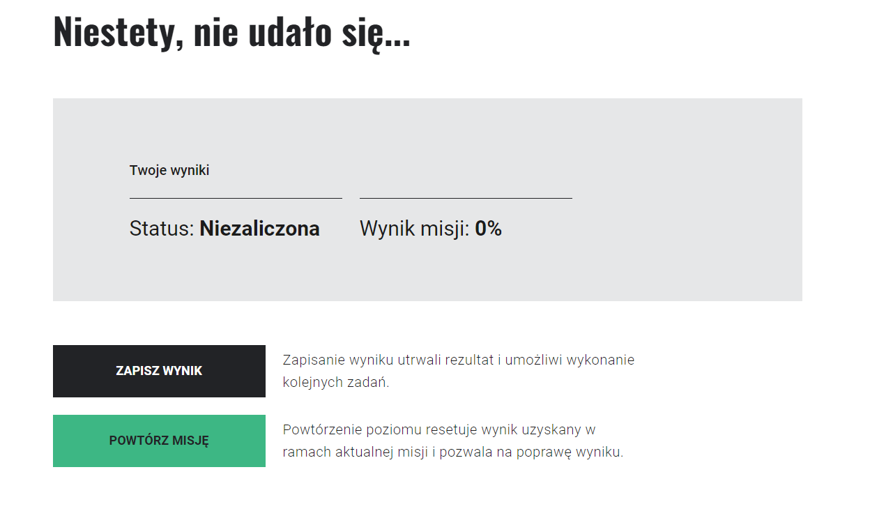 Przykładowy komunikat o niezaliczeniu misji