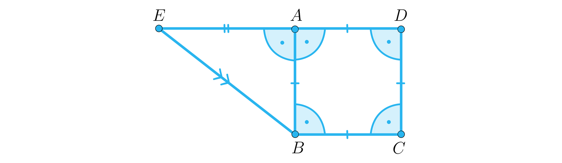 Grafika przedstawia kwadrat i przylegający do niego z lewej strony trójkąt prostokątny. Wierzchołki kwadratu to kolejno: A, B, C, D. Bok AB jest jednocześnie przyprostokątną trójkąta, którego wierzchołki to A, B, E. Odcinek EB jest przeciwprostokątną trójkąta. Każdy z boków kwadratu został zaznaczony pojedynczą krótką linią. Bok AE trójkąta jest zaznaczony dwoma liniami. Natomiast przeciwprostokątna EB trójkąta jest zaznaczona dwoma strzałkami. 