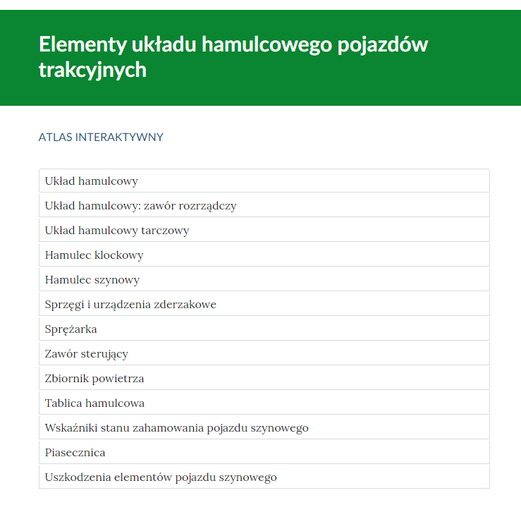 Zrzut ekranu przedstawia widok zakładek atlasu interaktywnego. W górnej części widoczny jest zielony pasek nagłówka z nazwą rozdziału "Elementy układu hamulcowego pojazdów trakcyjnych". Poniżej widać napis "Atlas interaktywny", pod którym widoczne są zakładki. Zakładki to białe poziome paski z tytułem, który oznacza zawartość zakładki. Zakładek widocznych jest czternaście.