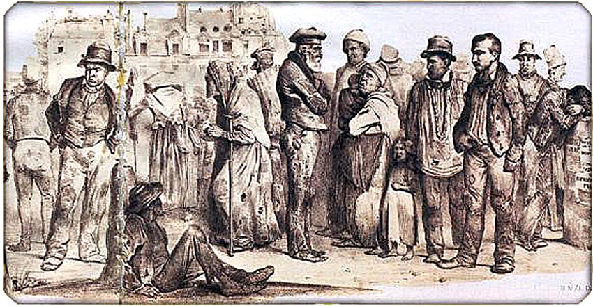 Ilustracja przedstawia grupę ludzi stojących w plenerze. Są wśród kobiety i mężczyźni oraz jedno dziecko. Ludzie są skromnie ubrani. Ubrania są przybrudzone, widać w nich dziury. W tle jest duży budynek.  