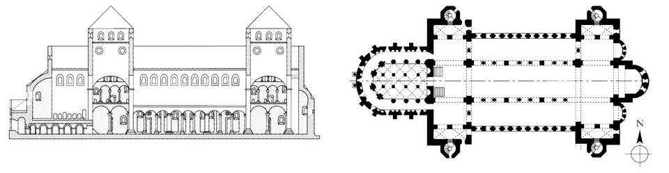 Plan oraz przekrój kościoła świętego Michała w Hildesheim. Z planu wynika, że jest to kościół trójnawowy, typu bazylikowego, o założeniu dwuchórowym, z dwoma transeptami flankowanymi niewielkimi wieżami. Z jednej strony prezbiterium jest bardzo rozbudowane, z obejściem i zakończone apsydą. Z drugiej strony – znajduje się niewielka apsyda na wprost nawy głównej oraz dwie mniejsze apsydy na wprost naw bocznych. Przekrój ukazuje kolumnadę z arkadami we wnętrzu korpusu oraz dwie kondygnacje z łukami arkadowymi w transeptach.