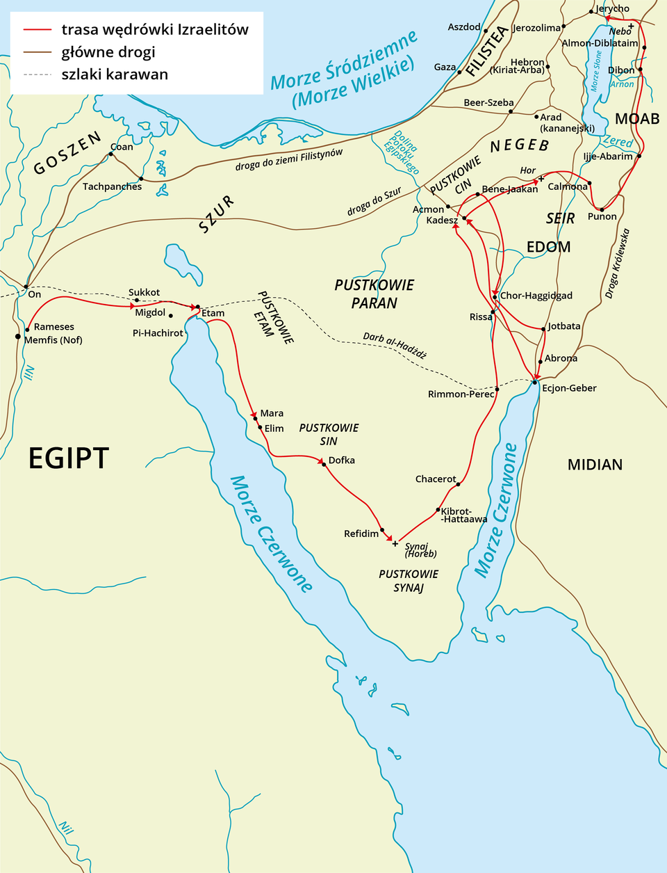Mapa przedstawia trasę wędrówki Izraelitów z Egiptu do Ziemi Świętej. Fragment mapy przedstawia wschodnią i północną część Egiptu. Od północy rozciąga się Morze Śródziemne od południowego wschodu Morze Czerwone, w prawym górnym rogu Morze Martwe. Wędrówka Izraelitów zaznaczona jest czerwoną linią ze strzałkami. Izraelici wyszli z Rameses i szli przez Sukkot, Etam, Mara, Elim, Dofka, Refidim do góry Synaj. Następnie przez Chacerot, Rimmon‑Perec, Rissę, Kadesz, Chor‑Haggidgad, Jobatę, Abronę, Ecjon‑Gaber i znów Kadesz do Jerycha.