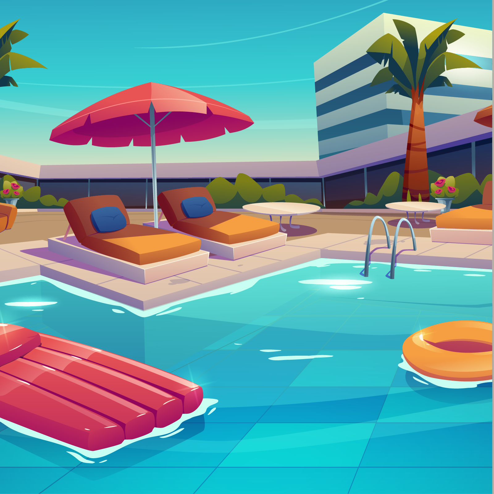 Ilustracja przedstawia basen otwarty, znajdujący się pomiędzy budynkami. Przy brzegu stoją dwa leżaki z parasolem pomiędzy nimi. W tle widać palmy i krzewy. W basenie pływają materac oraz kółko dmuchane.