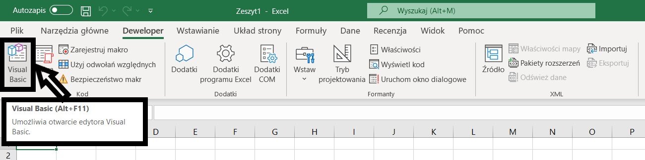 Na ilustracji jest wstążka. Wybrano kartę Deweloper, a następnie z obszaru Kod wybrano opcję Visual Basic. Tu prostokąt z napisem: Visual Basic (Alt+F11). Umożliwia otwarcie edytora Visual Basic. 