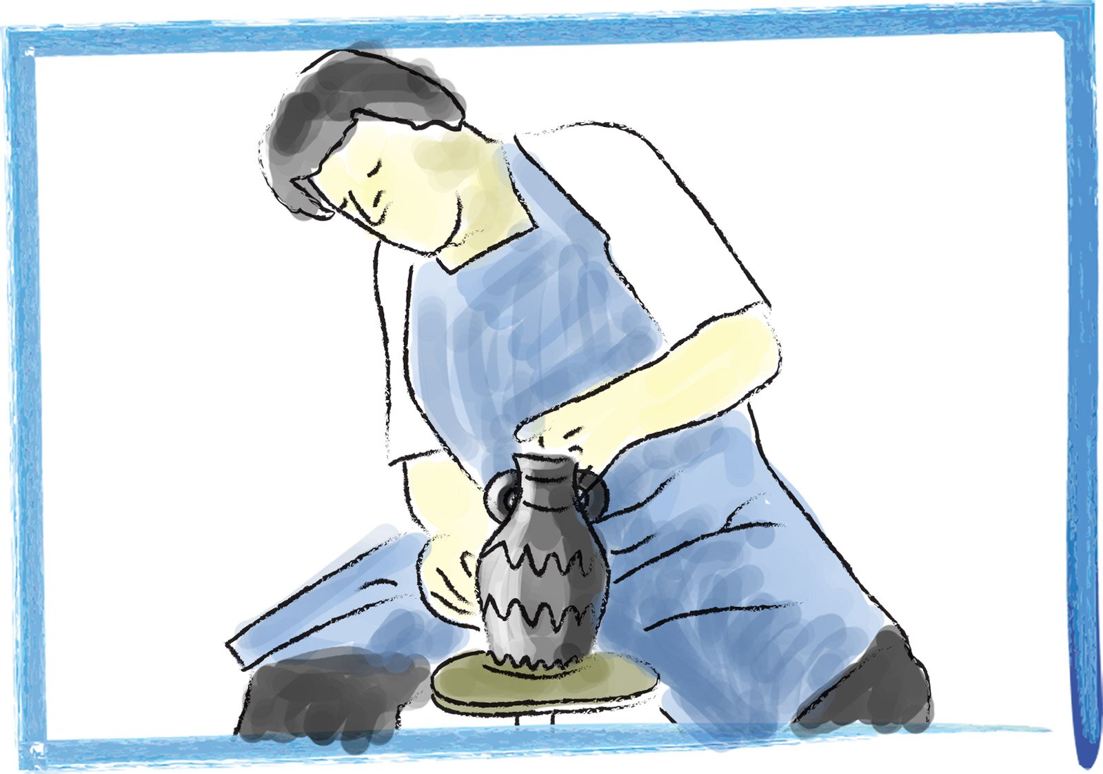 Ilustracja przedstawia wielobarwny rysunek lawowany, na którym znajduje się siedzący przy kole garncarskim mężczyzna w fartuchu. To artysta ceramik, który za chwilę formuje gliniany dzbanek. Mężczyzna siedzi okrakiem przed kołem, na którym kręci się dzbanek. Dłońmi formuje jego kształt.