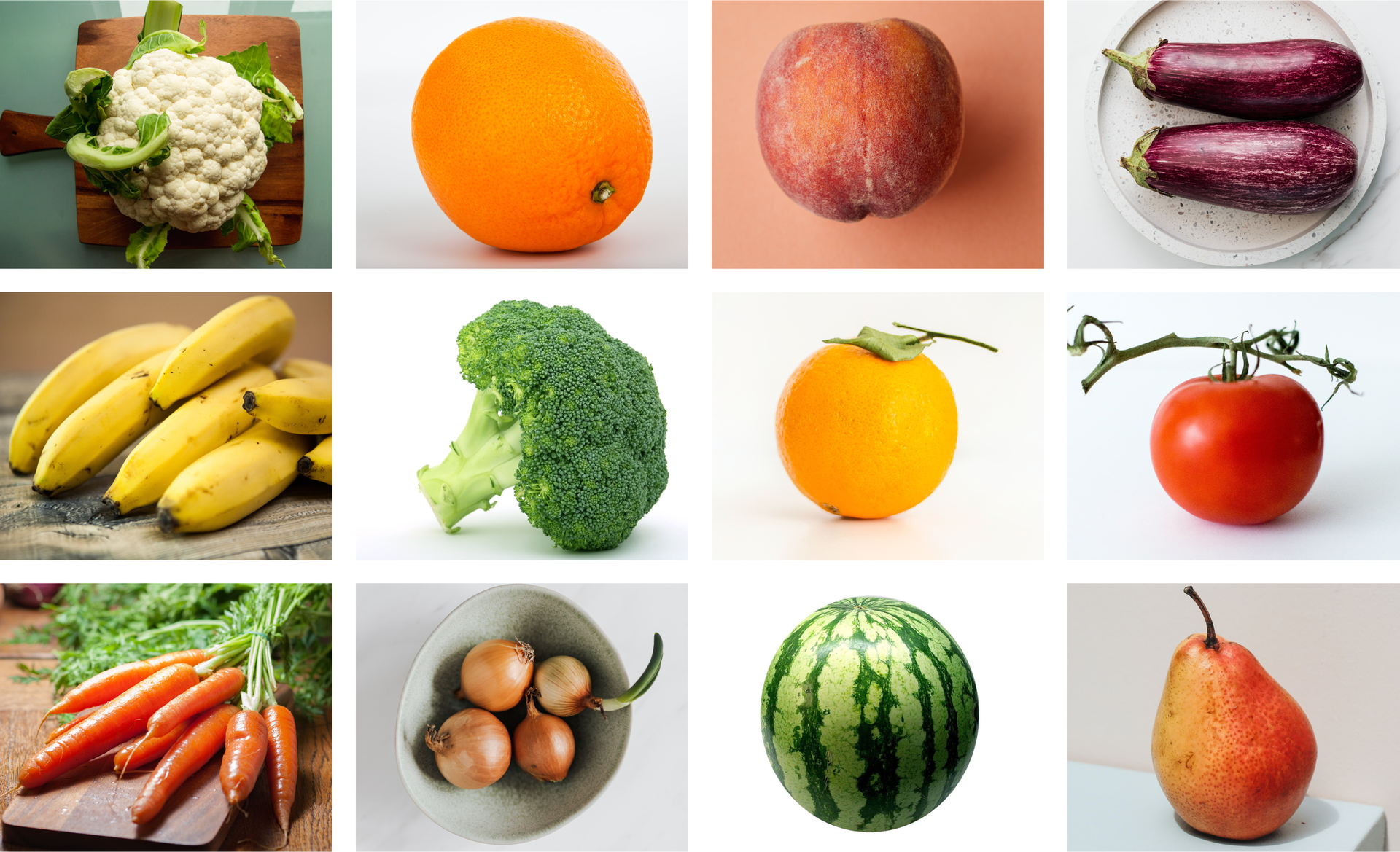Grafika składa się z dwunastu zdjęć przedstawiających owoce i warzywa: kalafiora, pomarańczę, brzoskwinię, bakłażany, banany, brokuły, mandarynkę, pomidora, marchewkę, cebulę, arbuza i gruszkę.