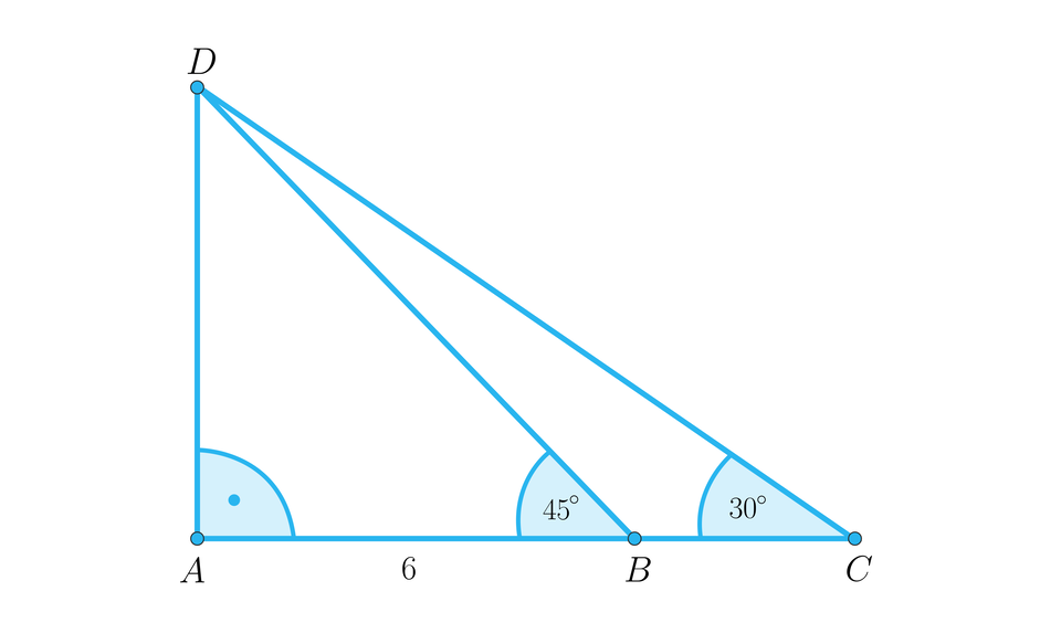 Rysunek przedstawia duży trójkąt A C D podzielony na dwa trójkąty prostokątne o wspólnym pionowym boku A D. Przy wierzchołku A zaznaczono kąt prosty. Na podstawie A C zaznaczono punkt B i z górnego wierzchołka D poprowadzono do niego odcinek D B. Punkt B podzielił podstawę A C na odcinek A B o długości 6 i na odcinek B C. Odcinek D B jest nachylony do podstawy pod kątem 45 stopni, a przeciwprostokątna C D pod kątem 30 stopni.