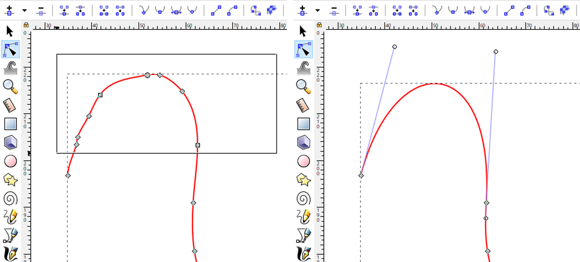 Na ilustracji widoczne są dwie grafiki przedstawiające fragment krzywej. Na pierwszym rysunku widoczne jest jedenaście węzłów. Część z nich została zaznaczona, zaznaczenie przedstawione jest jako kwadrat. Na drugiej grafice węzły znajdujące się wewnątrz zaznaczenia zniknęły, a uchwyty pozostałych punktów wydłużyły się.