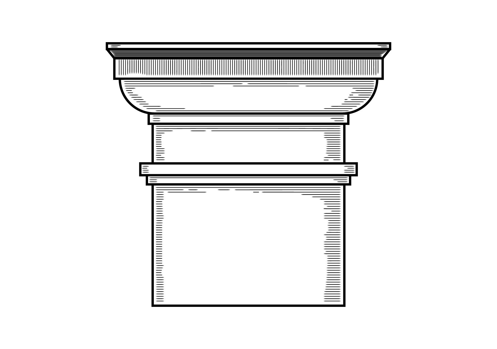 Czarno‑biała ilustracja przedstawia głowicę toskańską, która swoim kształtem przypomina głowicę dorycką. Jest to prosty element architektoniczny pozbawiony zdobień i nastawiony na walory funkcjonalne. Głowica ma kształt czworokąta - trapezu o zaokrąglonych ramionach. Krótsza podstawa głowicy spoczywa na kolumnie, a dłuższa służy za podstawę, na której spoczywa konstrukcja dachu.